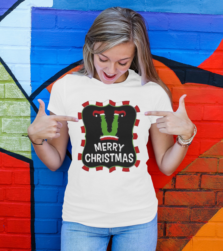 Merry Christmas Green Monster With Santa Hat T-Shirt