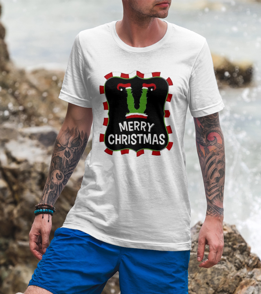 Merry Christmas Green Monster With Santa Hat T-Shirt