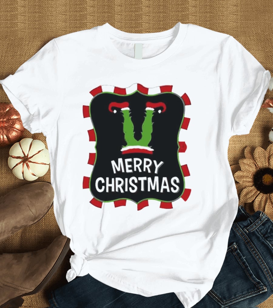Merry Christmas Green Monster With Santa Hat T-Shirt