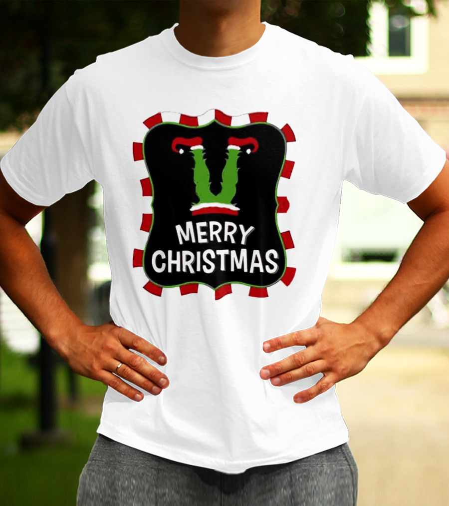 Merry Christmas Green Monster With Santa Hat T-Shirt
