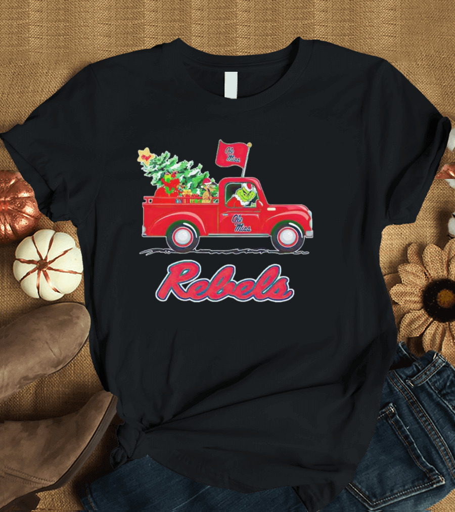 Ole Miss Rebels Grinch Driving Christmas Truck With Tree And Gifts T-Shirt