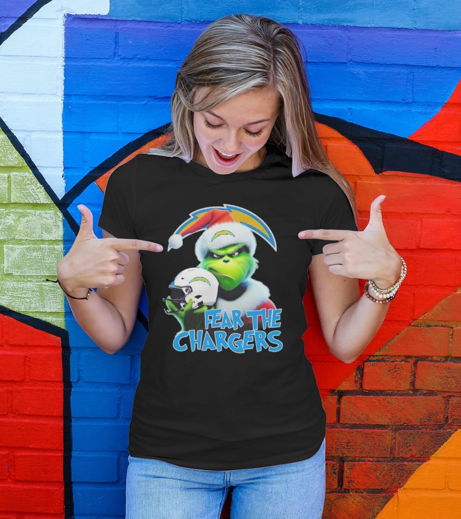 Grinch Santa Holding Los Angeles Chargers Helmet Fear The Chargers T-Shirt