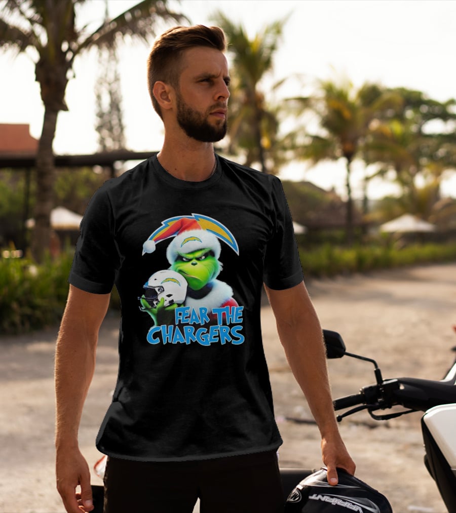 Grinch Santa Holding Los Angeles Chargers Helmet Fear The Chargers T-Shirt