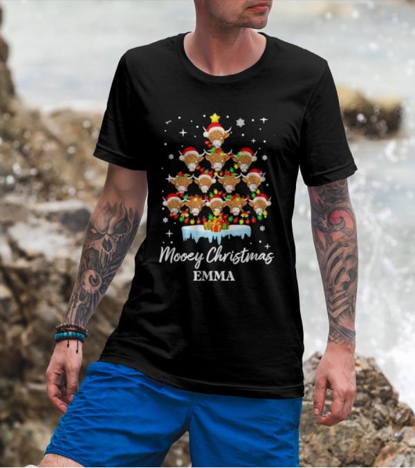 Mooey Christmas Highland Cow Tree Custom Name Emma T-Shirt