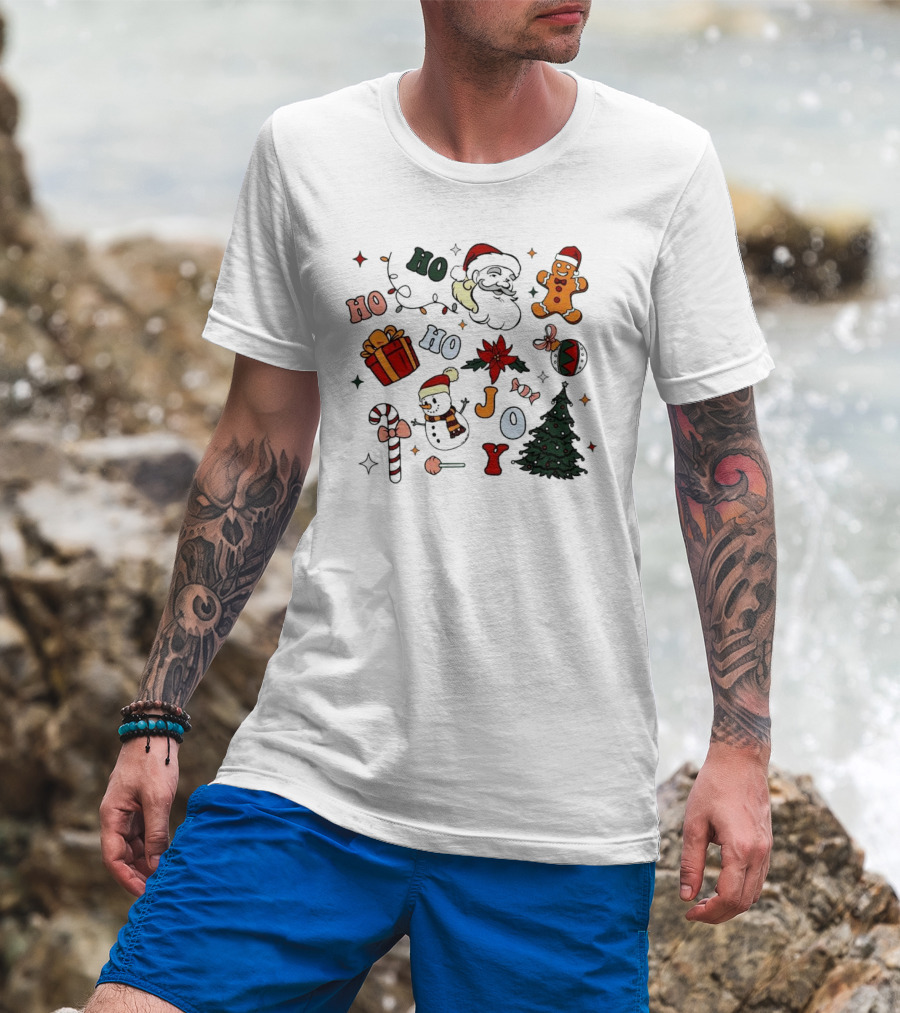 Ho Ho Ho Joy Christmas With Santa Gingerbread And Candy Cane T-Shirt