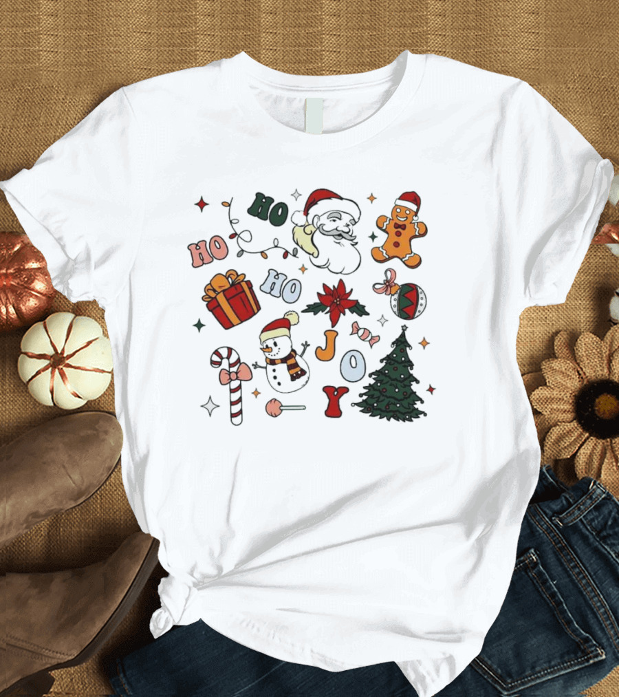 Ho Ho Ho Joy Christmas With Santa Gingerbread And Candy Cane T-Shirt
