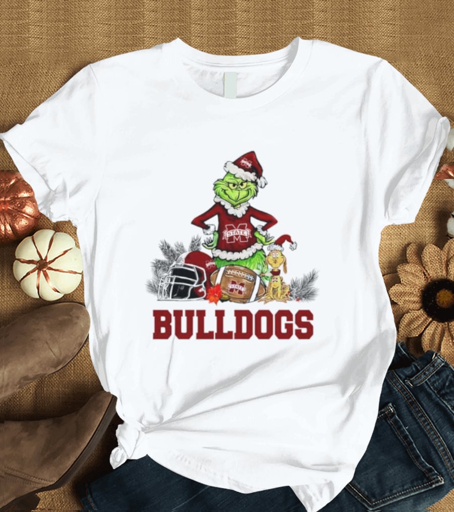 Bulldogs Grinch Max Dog Christmas Football Santa Hat T-Shirt