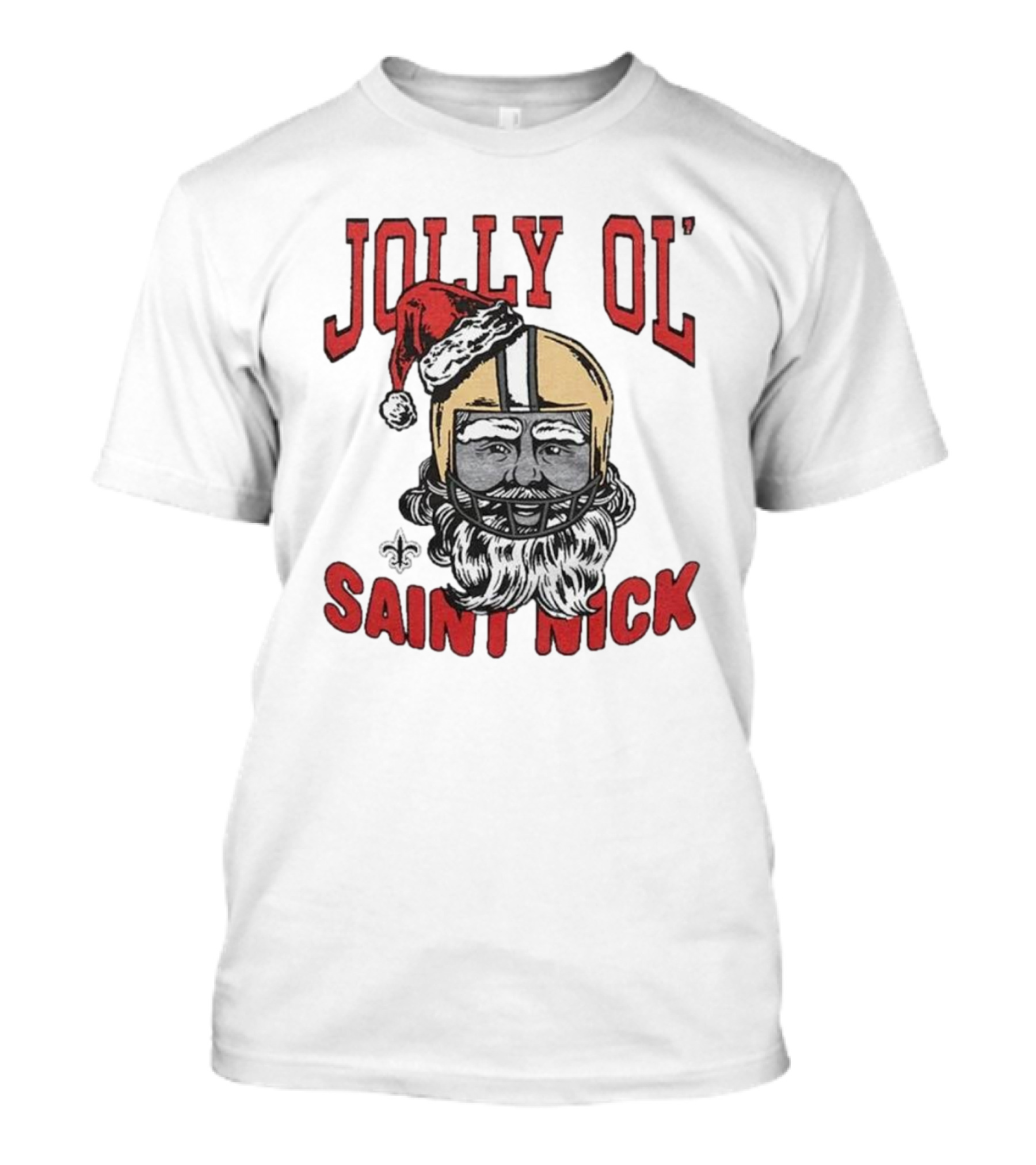 New Orleans Saints Jolly Ol’ Saint Nick With Santa Hat And Fleur-de-Lis Football Helmet Christmas T-Shirt