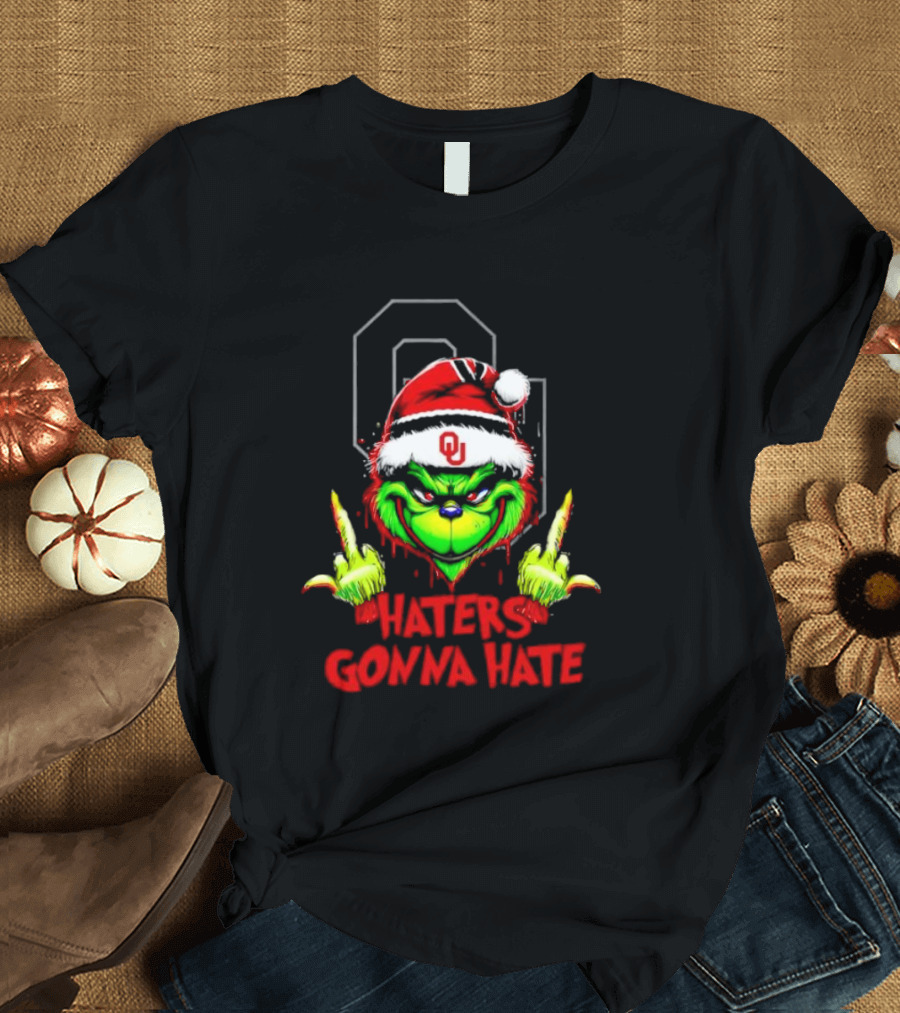 Oklahoma Sooners Grinch Haters Gonna Hate Middle Finger Santa Hat T-Shirt
