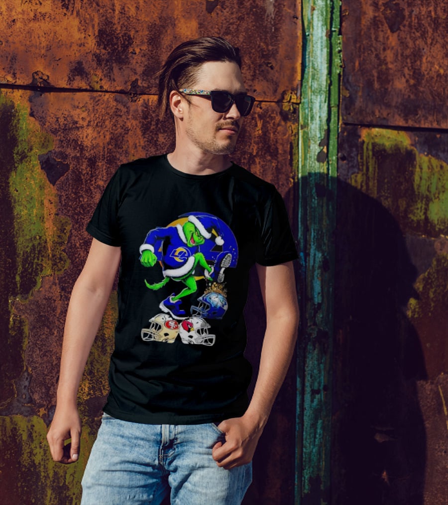 Los Angeles Rams Grinch Stomping NFL Helmets Christmas Funny Santa T-Shirt