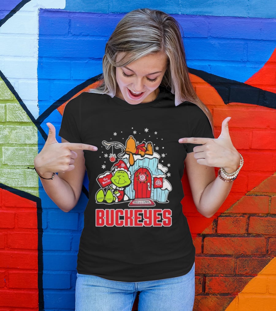 Peanuts Grinch Ohio State Buckeyes Go Bucs Merry Xmas Snoopy Woodstock T-Shirt