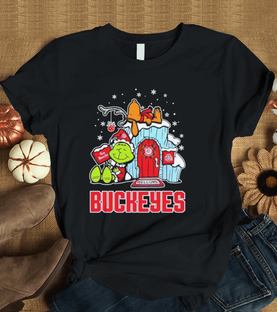 Peanuts Grinch Ohio State Buckeyes Go Bucs Merry Xmas Snoopy Woodstock T-Shirt