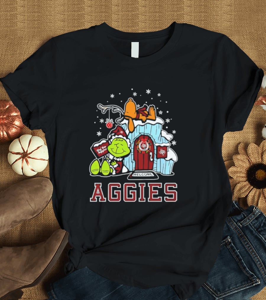 Peanuts Aggies Grinch Snoopy Christmas Hut Texas Holiday T-Shirt