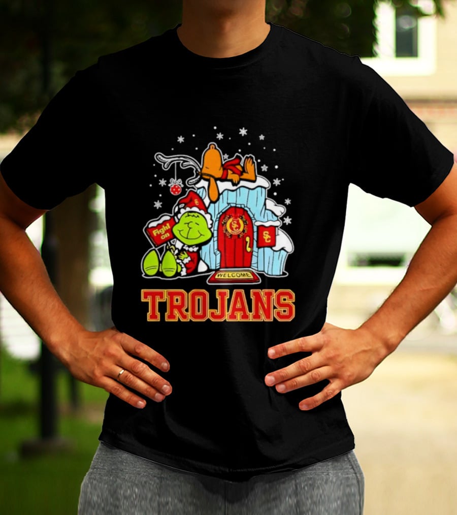 Peanuts USC Trojans Grinch Snoopy Christmas Fight On Welcome T-Shirt
