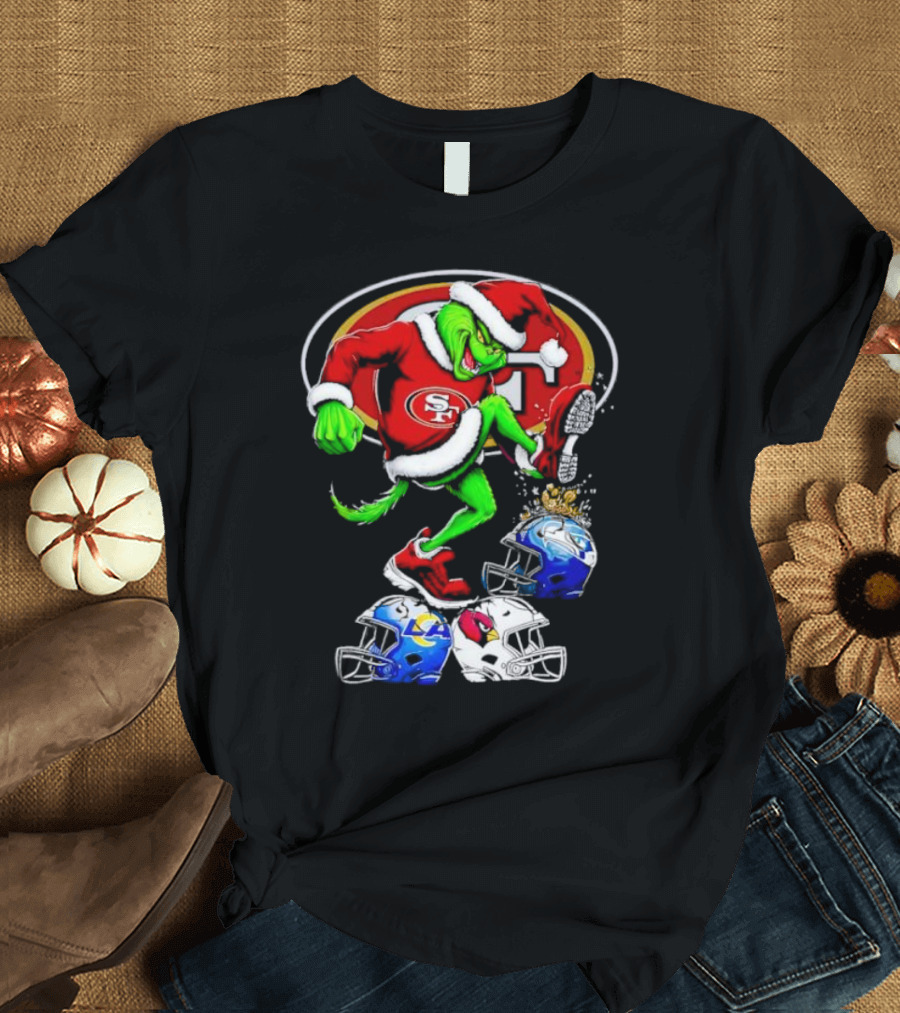 San Francisco 49ers Grinch In Santa Suit Stomps NFL Helmets Rams Cardinals Christmas T-Shirt