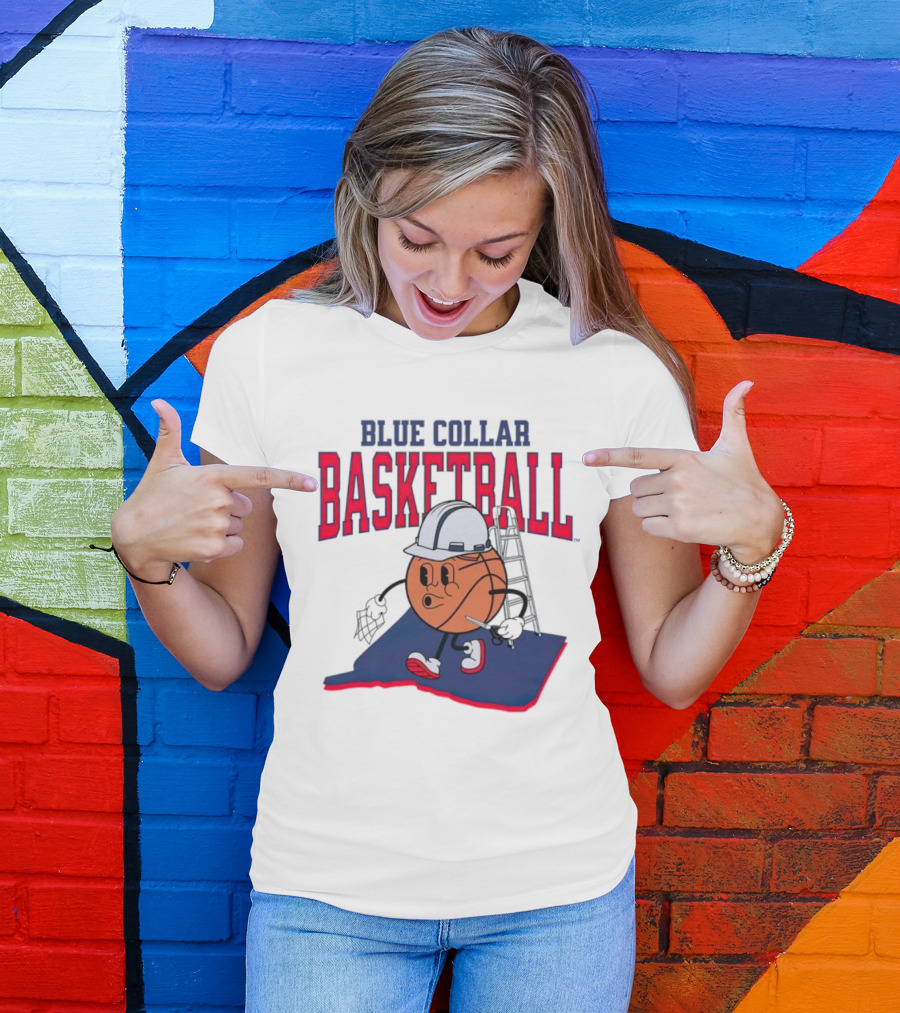 Blue Collar Basketball Hard Hat Hoop Cartoon T-Shirt