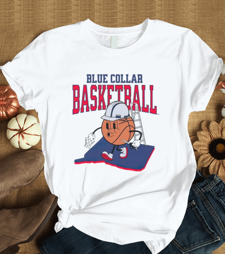 Blue Collar Basketball Hard Hat Hoop Cartoon T-Shirt