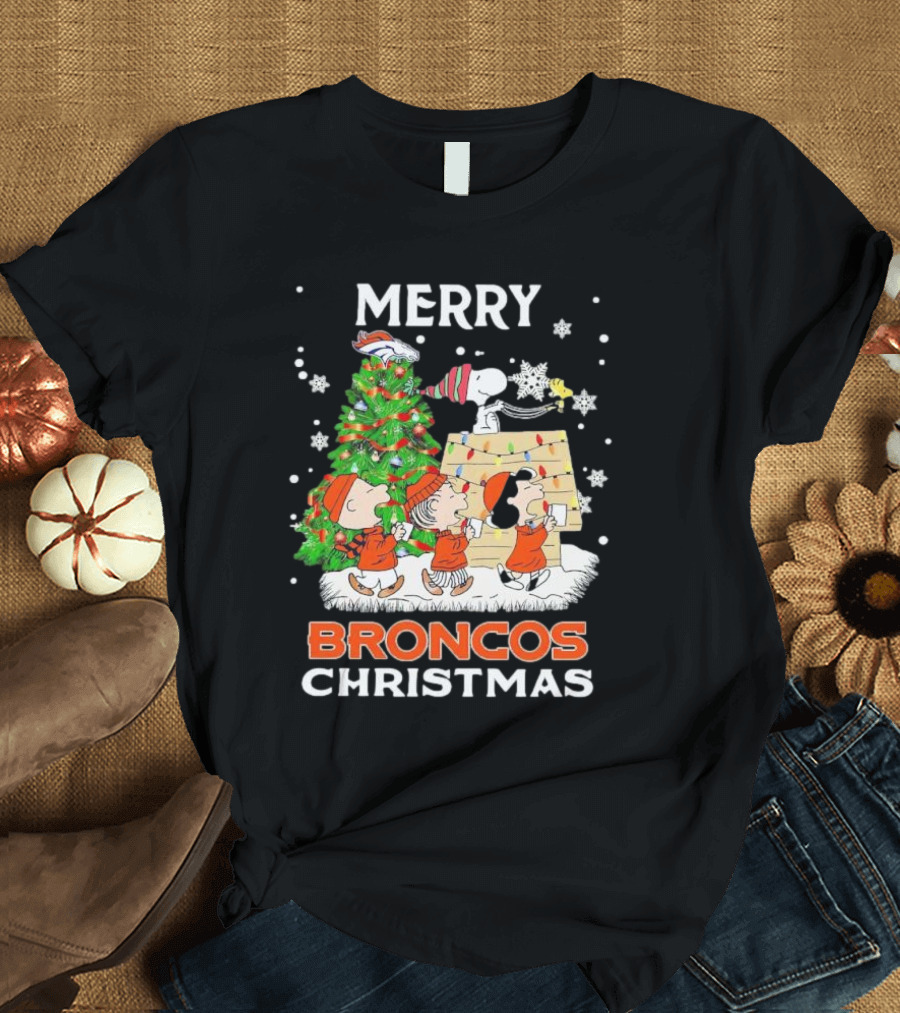 Merry Broncos Christmas Peanuts Characters T-Shirt