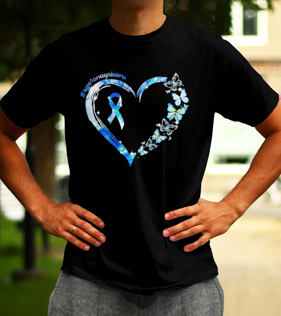 Type1Namayalars Diabetes Awareness Heart With Blue Ribbon And Butterflies T-Shirt