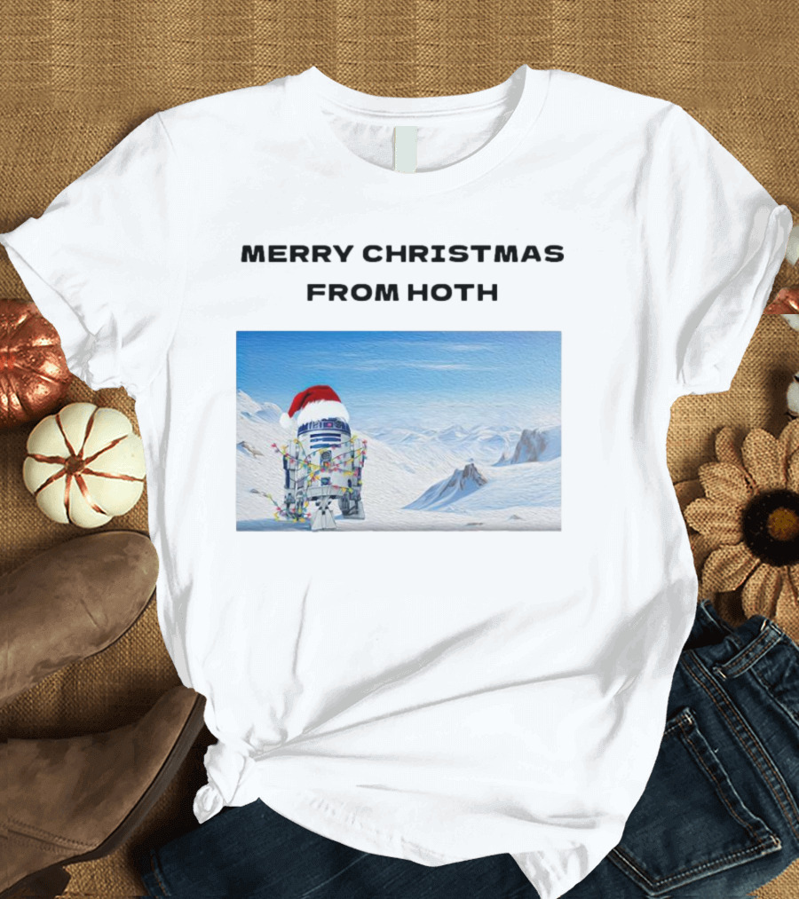 R2-D2 Merry Christmas From Hoth Santa Hat Lights Snowy Scene T-Shirt