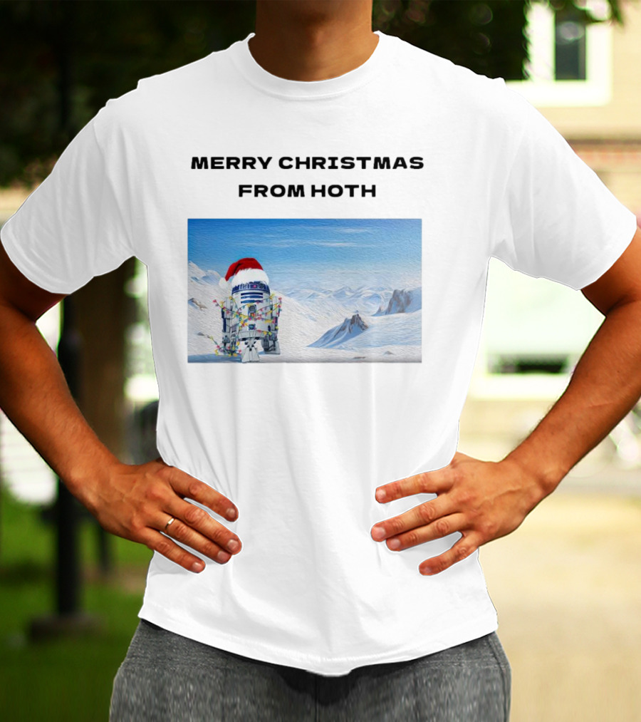R2-D2 Merry Christmas From Hoth Santa Hat Lights Snowy Scene T-Shirt