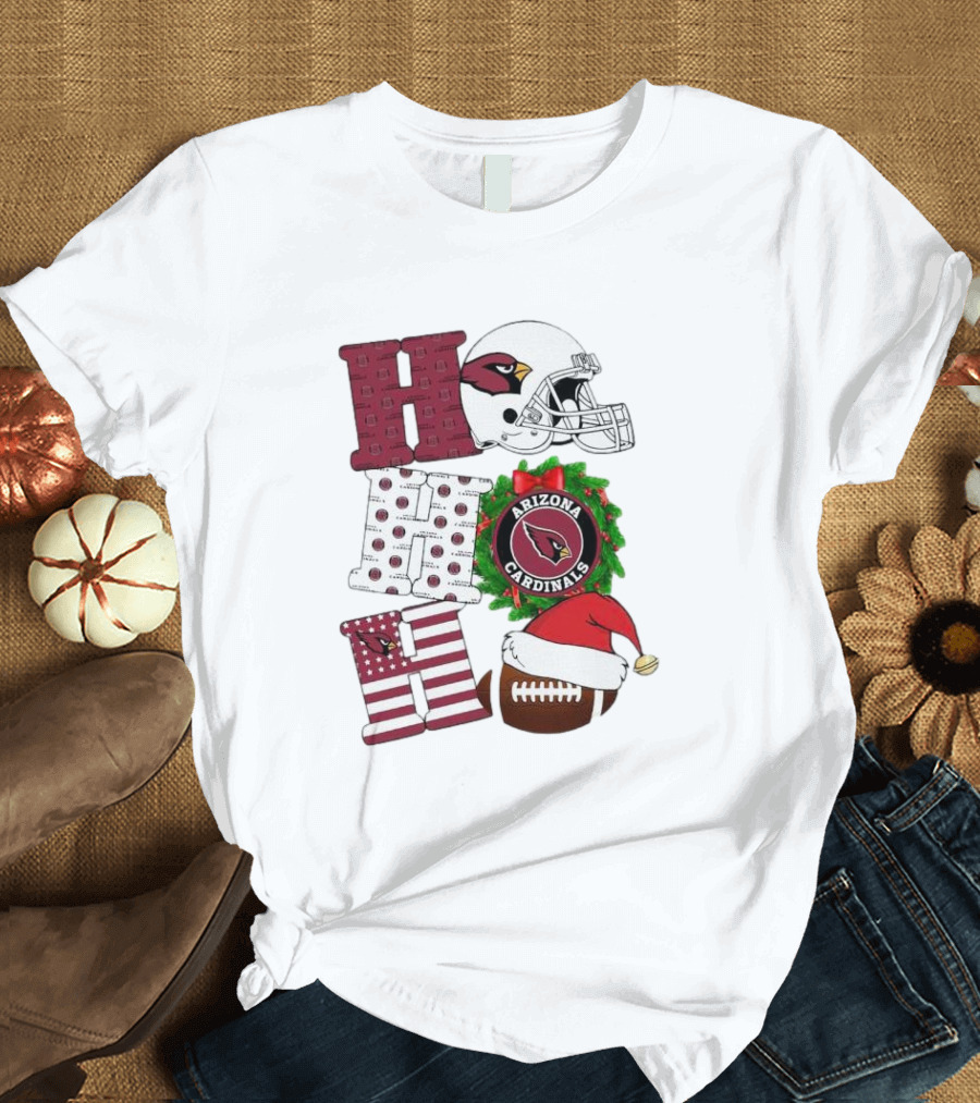 Arizona Cardinals Helmet Wreath Football Ho Ho Ho Merry Christmas T-Shirt