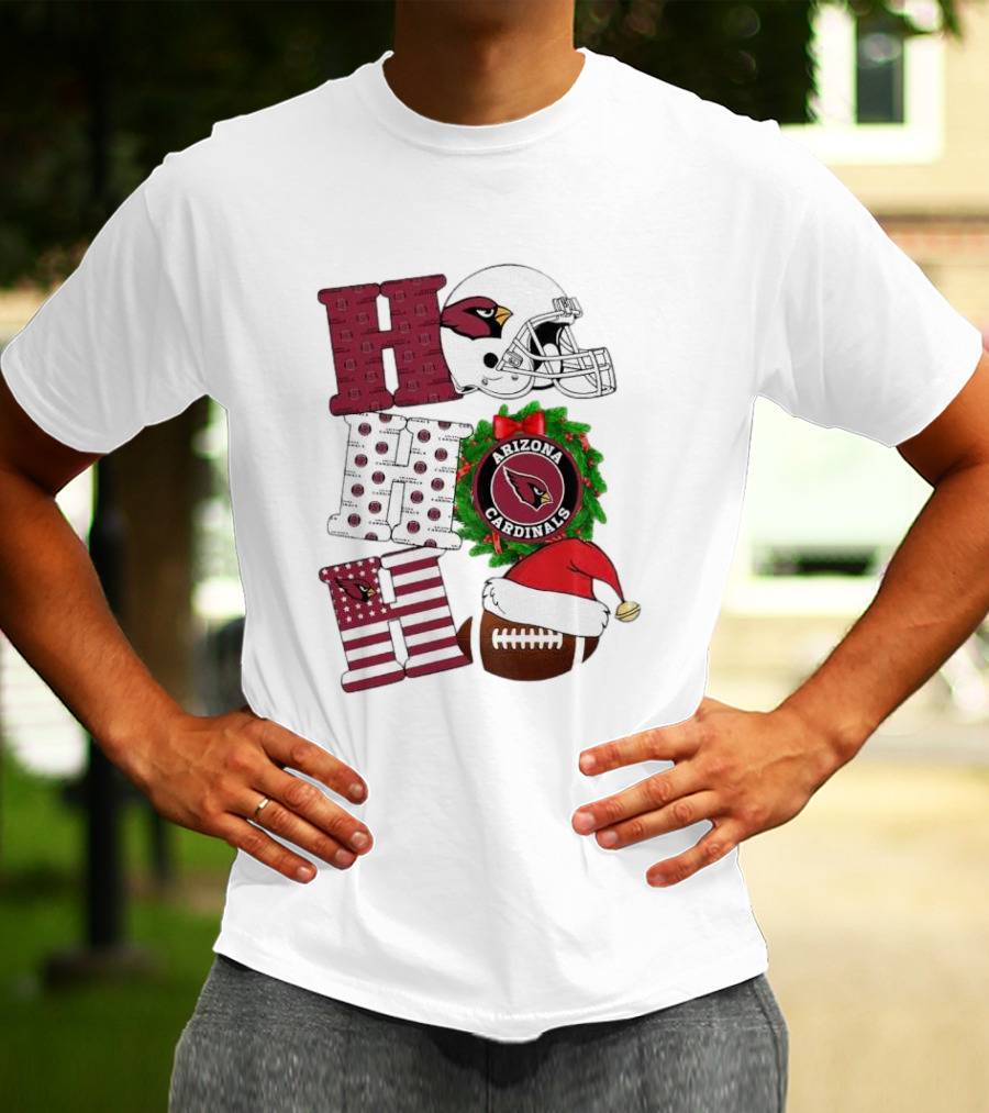 Arizona Cardinals Helmet Wreath Football Ho Ho Ho Merry Christmas T-Shirt