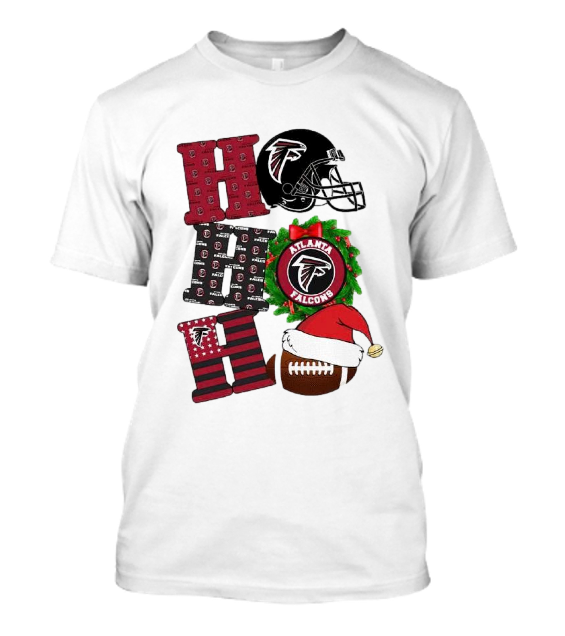 Atlanta Falcons Ho Ho Ho Merry Christmas Football Helmet Wreath Santa Hat T-Shirt