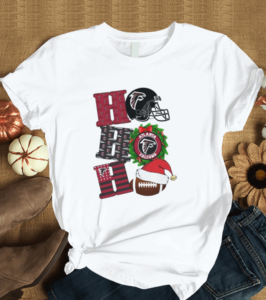 Atlanta Falcons Ho Ho Ho Merry Christmas Football Helmet Wreath Santa Hat T-Shirt