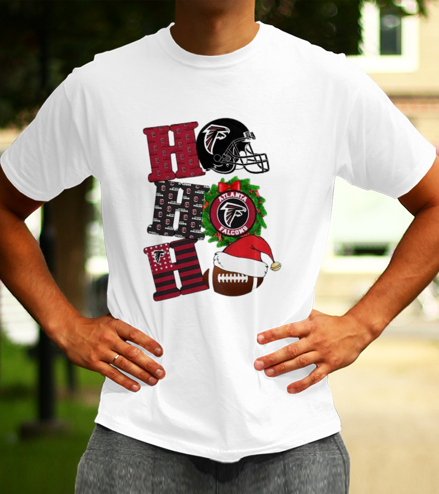 Atlanta Falcons Ho Ho Ho Merry Christmas Football Helmet Wreath Santa Hat T-Shirt