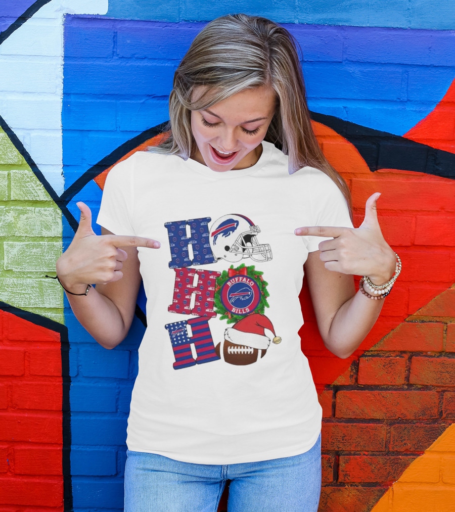 Buffalo Bills Helmet Wreath Football Santa Hat Ho Ho Ho Merry Christmas T-Shirt