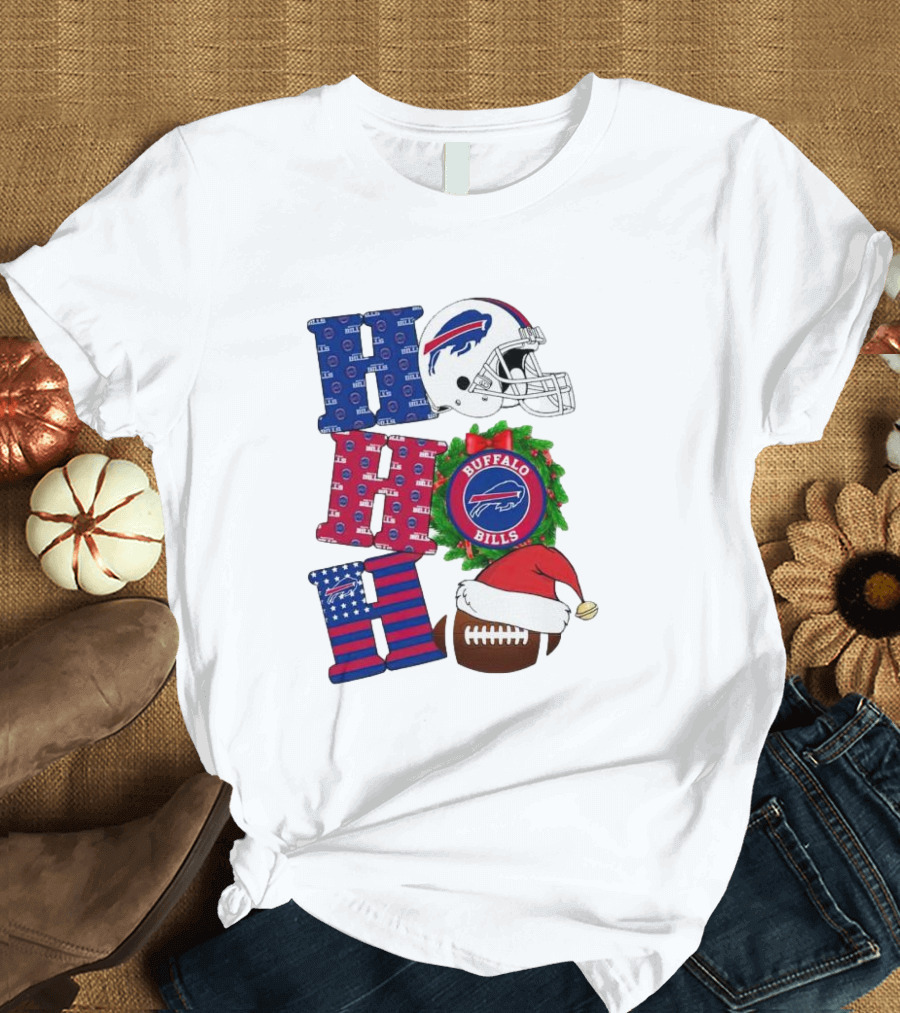 Buffalo Bills Helmet Wreath Football Santa Hat Ho Ho Ho Merry Christmas T-Shirt