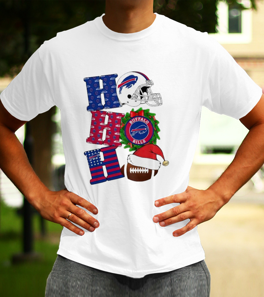 Buffalo Bills Helmet Wreath Football Santa Hat Ho Ho Ho Merry Christmas T-Shirt