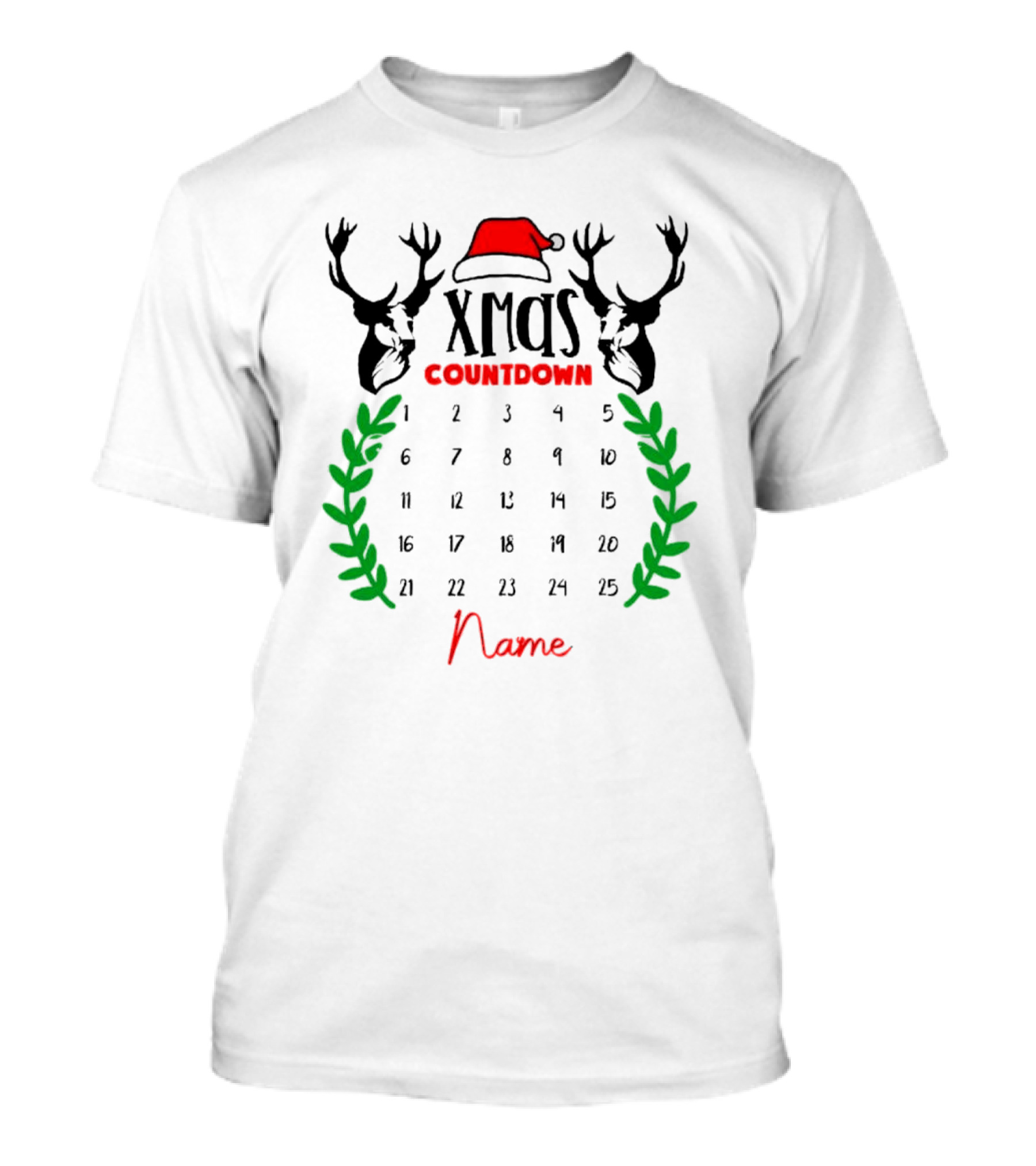 Xmas Countdown Calendar Name Custom Santa Hat Deer Antlers T-Shirt