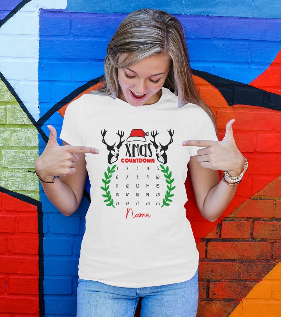Xmas Countdown Calendar Name Custom Santa Hat Deer Antlers T-Shirt