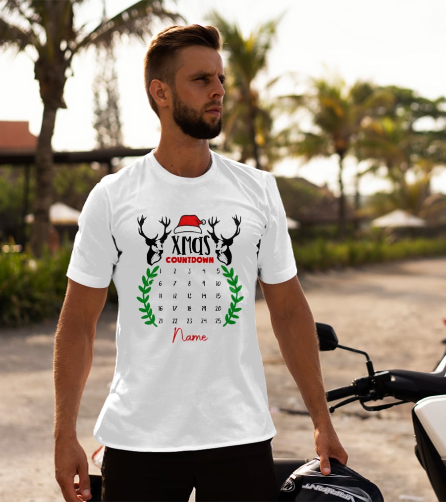 Xmas Countdown Calendar Name Custom Santa Hat Deer Antlers T-Shirt