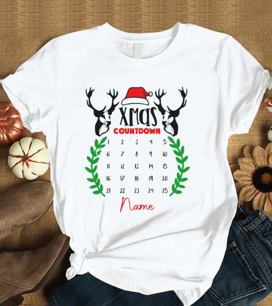 Xmas Countdown Calendar Name Custom Santa Hat Deer Antlers T-Shirt