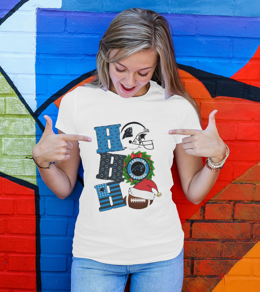Carolina Panthers Ho Ho Ho Merry Christmas Football Helmet Wreath Santa Hat T-Shirt