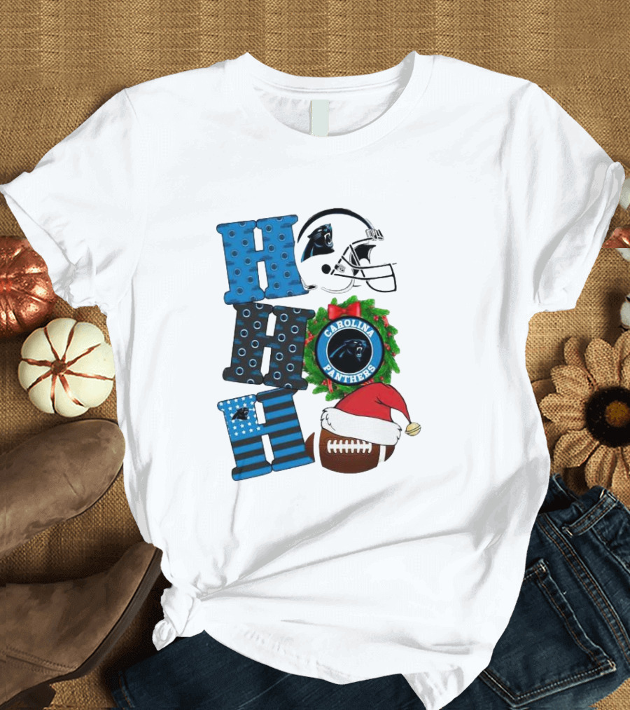 Carolina Panthers Ho Ho Ho Merry Christmas Football Helmet Wreath Santa Hat T-Shirt