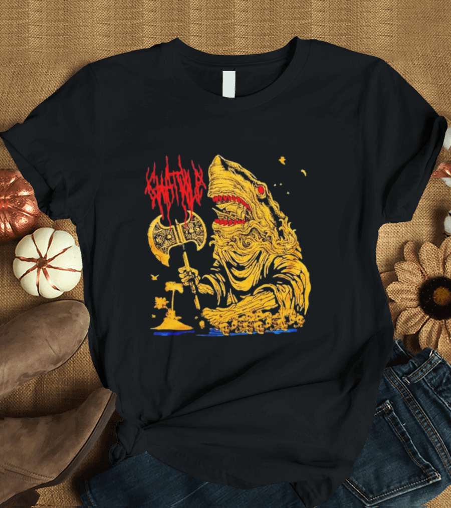Chat Pile Shark With Axe On Tropical Beach T-Shirt