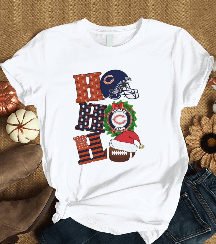 Chicago Bears Ho Ho Ho Merry Christmas Football Helmet Wreath Santa Hat T-Shirt