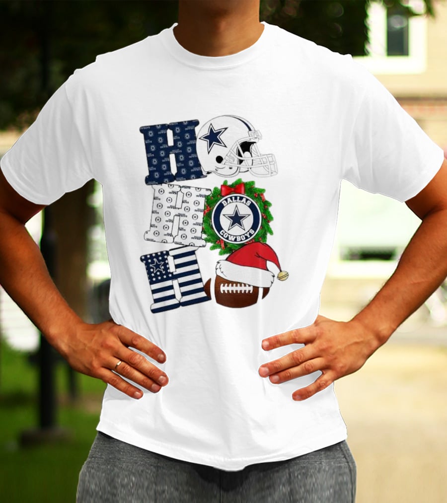 Dallas Cowboys Helmet Wreath Football Christmas Ho Ho Ho Merry Christmas T-Shirt