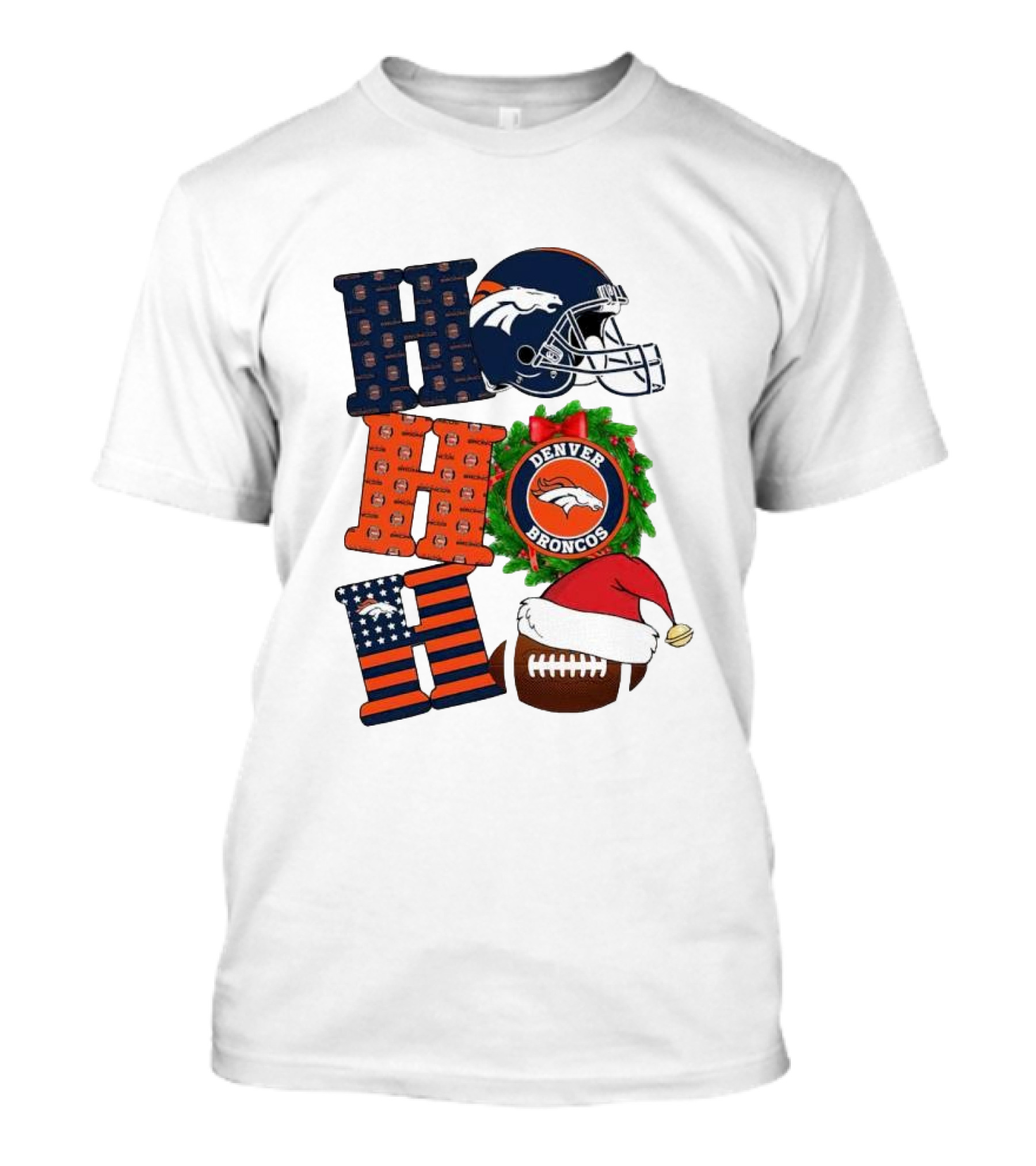 Denver Broncos Ho Ho Ho Merry Christmas Football Helmet Wreath Santa Hat Holiday T-Shirt