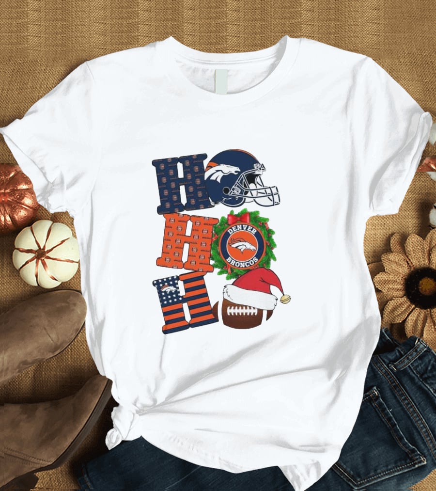 Denver Broncos Ho Ho Ho Merry Christmas Football Helmet Wreath Santa Hat Holiday T-Shirt