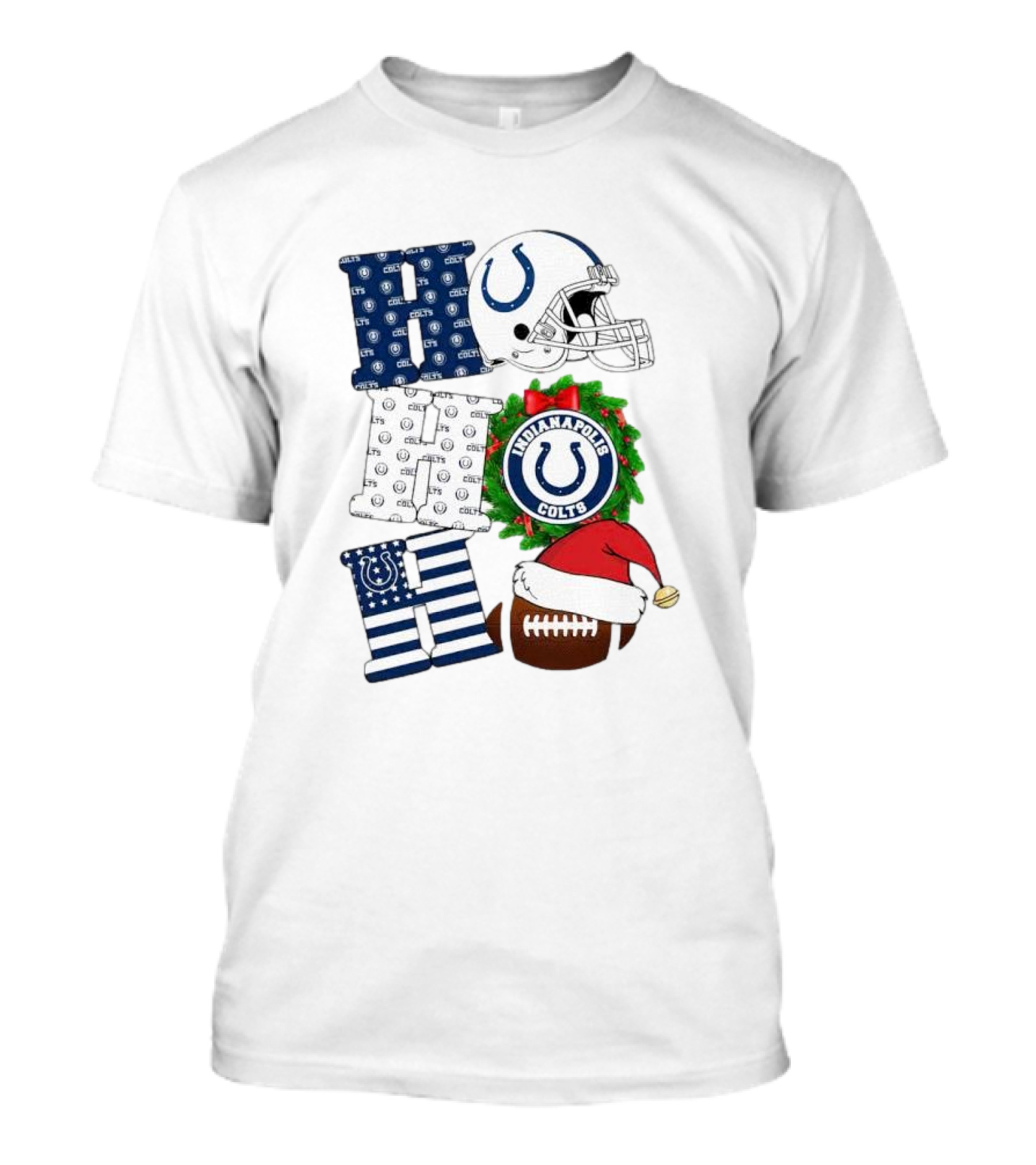 Indianapolis Colts Ho Ho Ho Merry Christmas Football Festive Logo Helmet Wreath Santa Hat T-Shirt