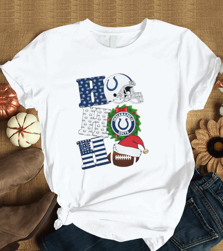 Indianapolis Colts Ho Ho Ho Merry Christmas Football Festive Logo Helmet Wreath Santa Hat T-Shirt