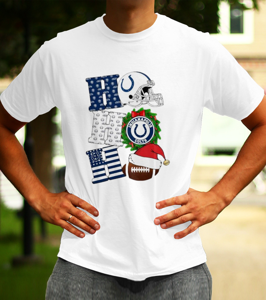 Indianapolis Colts Ho Ho Ho Merry Christmas Football Festive Logo Helmet Wreath Santa Hat T-Shirt