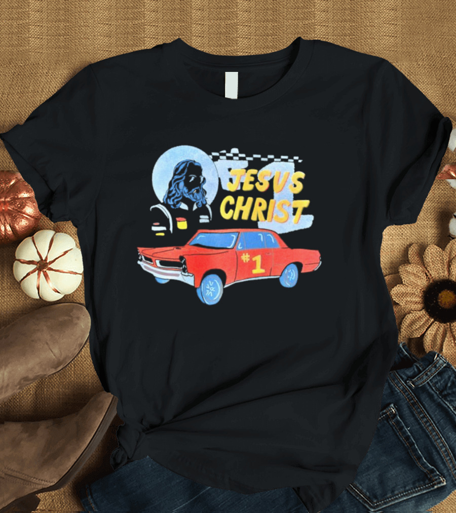 Jesus Christ Racing Champion With Red Car And Checkered Flag T-Shirt