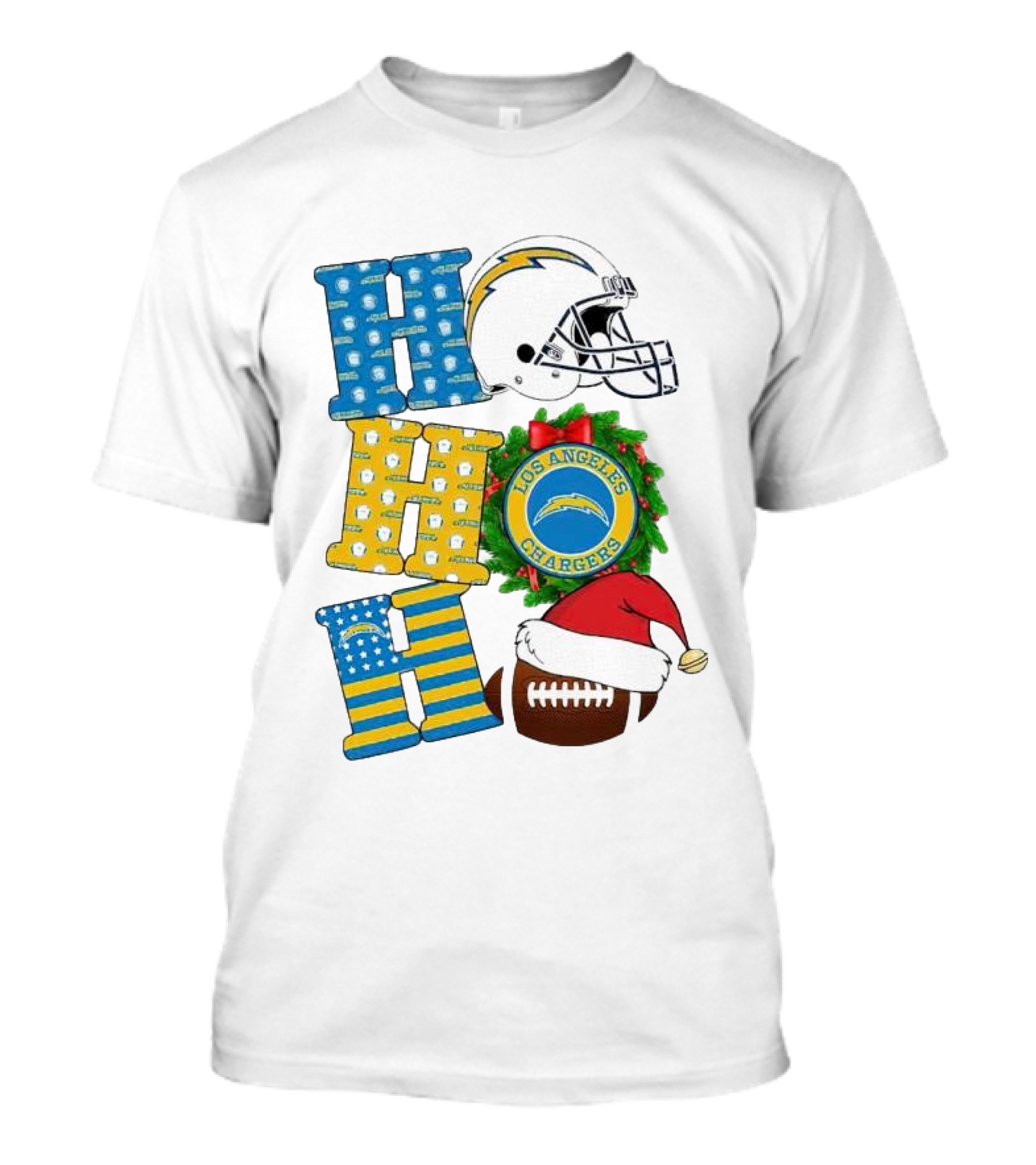 Los Angeles Chargers Ho Ho Ho Merry Christmas Wreath Helmet Football Santa Hat Featured T-Shirt