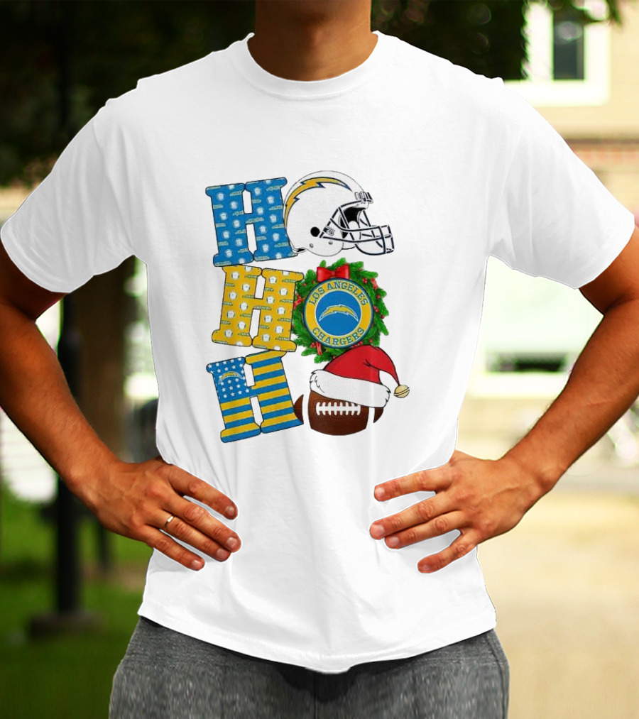 Los Angeles Chargers Ho Ho Ho Merry Christmas Wreath Helmet Football Santa Hat Featured T-Shirt
